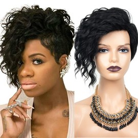 SEVENCOLORS Short Curly Pixie Cut Wigs for Black Women Natural Looking Short Wavy Black Wigs with Side Bangs Synthetic Hair Asymmetrical Wig