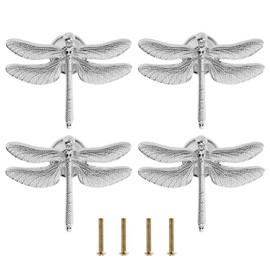 Be In Your Mind 4PCS Dragonfly Knobs Handles Unique Dragonfly Shape Decorative Handles with Mounting Screws Furniture Hardware Accessories for Cabinet Wardrobe Drawer Dresser Silver