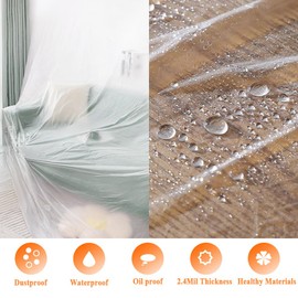 Vocray 10x25 Ft Plastic Drop Cloth, 2.4Mil Durable & Strong Clear Plastic Tarp, Greenhouse Plastic Sheeting, Waterproof & Dust-Proof Plastic Film Protector for Furniture/Floor/Carpet Cover