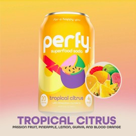 PERFY Sparkling Superfood Soda w/ Brain Health Benefits, Beverages w/ L-Theanine & Turmeric, Seltzer Water & Fruit Juice, Low Calorie, & Low Sugar Drinks | Low Carb, Gluten Free, Caffeine Free, Keto Soda | Made With Real Fruit Juice + Nootropics & Adapto