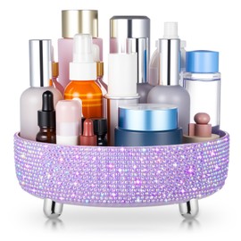 Honeydak Purple Bling Perfume Makeup Organizer Bling Mother's Day Nurse Day Gifts for Women Bathroom Organizers and Storage 360 Rotating Makeup Organizer for Countertop(Resin Stone)