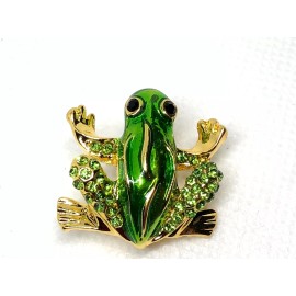Frog Brooch pin black & green rhinestones green enamel 1"x1" frog  GIFT #5
