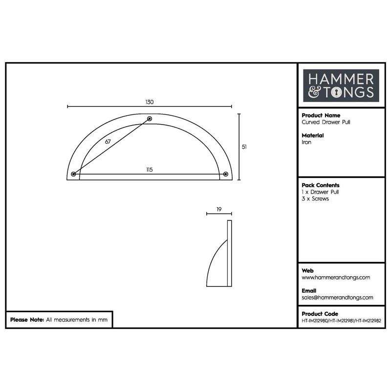 Hammer & Tongs Curved Cabinet Drawer Pull - W130mm x