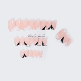 JUSTUSNX 24pcs Short French Fake Nails Nude False Nails Gold edge Black and White Contrast Press on Nails for Women and Girls (C)