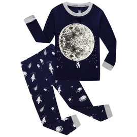 KikizYe Little Boys Glow in the Dark Moon Space Long Sleeve Pajamas 100% Cotton Sleepwear Size 7