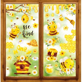 Whaline 90Pcs Bee Window Clings Daisy Honeycomb Honey Bee Kind Window Stickers Removable Watercolor Spring Summer Decals for Home Shop Party Glass Decor, 7.9 x 11.8 Inch, 9 Sheet