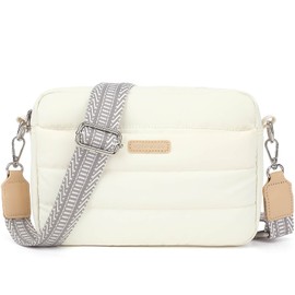 Puffer Crossbody Bags for Women, Lightweight Quilted Shoulder Bag, Cross Body Purse with Guitar Wide Strap Fit for Travel, Beige