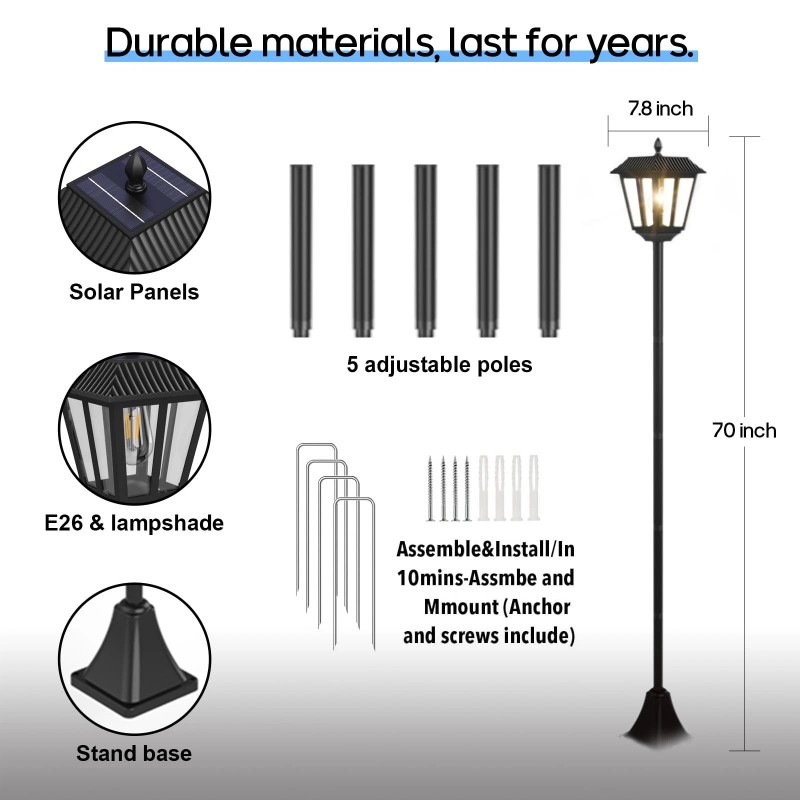 Agotd Solar Lamp Post Lights Outdoor Waterproof, 70" Tall Solar