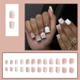 Mkwntg French Tip Press on Nails Square Short Fake Nails Glossy Full Cover Glue on Nails with White Striped Design White French False Nails Reusable Artificial Acrylic Nails for Women Girls 24Pcs