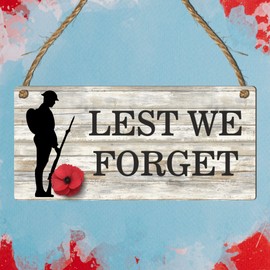 "Lest We Forget" Remembrance Day Plaque - Soldier Silhouette and Vibrant Poppies on Grey Wooden Background - Ideal for Indoor Display, Measures 19cm x 9cm