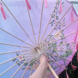 33"Rainproof Windproof Handmade Chinese Oiled Paper Umbrella Parasol Classical Painting Dancing Props Retractable Plum Blossom Umbrella with Elegant Handle And Tassels