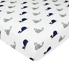 American Baby Company American Baby Company Printed 100% Natural Cotton Value Jersey Knit Fitted Pack N Play Playard Sheet, Navy Whale, Soft Breathable, for Boys and Girls, 27x39 Inch (Pack of 1)