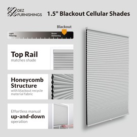 DEZ FURNISHINGS Cordless 1.5" Blackout Cellular Shade, Energy Saver, 72" W x 84" H, Gray Cloud