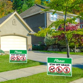 Please Stay Off Grass Graphic Signs, (2 Pack) Double Sided 18x24 Inches, Corrugated Plastic with Metal H Stake, Made in USA