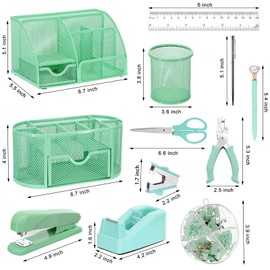 17 in 1 Green Desk Organizers and Accessories Set, 3 Office Desk Supplies Storage Organization, 4 Pens, Stapler, Staples & Remover, Tape & Dispenser, Scissors, Ruler, Clips, Hole Punch, Back to School