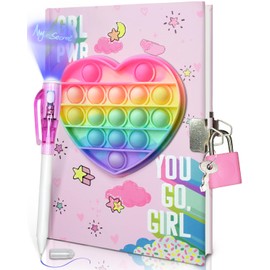 Pop Diary Girls with Lock and Invisible Double Ended Pen, 19 x 13.5 cm, 80 Lined Sheets, Loving Heart Pop Fidget Diary Kids Secret Notebook Pen Set Gifts for Girls