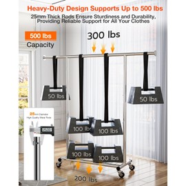 Frylr Rolling Clothes-Rack Heavy Duty - Portable Metal Garment Rack with Adjustable Hanging Rod, Sturdy Closet Organizer with Wheels, Hanging Shelves for Clothing and Coats, Easy Assembly, Silver
