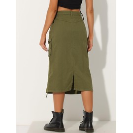 Allegra K Women's Cargo Skirt Y2K Adjustable Casual A-Line Midi Denim Skirt Army Green M