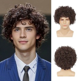 Siudus Men's Short Brown Curly Wigs Afro Kinky Curly 70s 80s Hair Wig Synthetic Fibre Hair Wig for Cosplay Daily Use