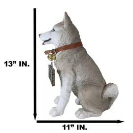 Ebros Lifelike Pet Pal Siberian Husky Sled Dog Statue 13"H W/ Jingle Collar Sign