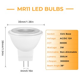 YUIIP MR11 LED Bulb 3W 12V AC/DC Low Voltage LED Spotlights, 20W 25W 35W Halogen Equivalent, Warm White 3000K GU4 Bi-Pin Base Light Bulbs for Landscape Accent Recessed Track Lights, 6-Pack