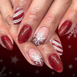 Christmas Press on Nails Medium Almond Fake Nails Glitter Red French Tip with Snowflake Design Stripes False Nails Glossy Acrylic Full Cover Reusable Stick on Nails for Women Girls Manicure 24Pcs