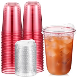 Baderke 50 Pcs Round Bottom Plastic Cups with Sip Lids Clear Disposable Iced Coffee Cups for Smoothie Cold Beverage Coffee Shops and Party Catering(16 oz,Pink)