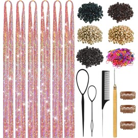 Hair Tinsel, Hair Tinsel Kit for Girls 1800 Strands Fairy Tinsel Hair Extensions Holographic Hair Tinsel Heat Resistant Colored Hair Glitter Christmas Party Festival (N/Gold-silver-pink)