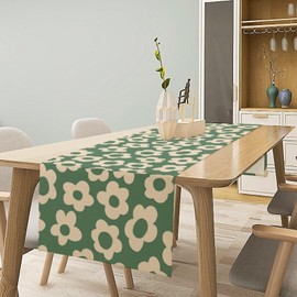 Boho 70s Flower Table Runner, Abstract Groovy Retro Sage Green Daisy Flower Modern Beige Geometric Print Table Runner for Holiday Decor Kitchen Dining Table, 13x60inch