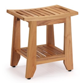 TEAKAURA Teak Shower Bench Stool, 14'' Compact Waterproof Wood Spa Bath Bench with Storage Shelf & Handle, Non-Slip Solid Teak Shower Seat Chair for Small Bathrooms Inside Shower and Outdoor Use