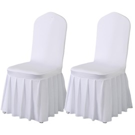 Qubjus 2 Pack Stretch Spandex Dining Chair Covers with Skirt – Washable & Fitted Slipcovers for Dining Room Chairs, Weddings, Home, Hotel Decor – White