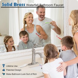 HEYMYTAP Brass Waterfall Bathroom Faucets Brushed Nickel Single Handle Bathroom Faucet 3 Hole or 1 Hole, 4 Inch Bathroom Sink Faucet, Bathroom Vanity Faucet with Drain Deck Plate No Peeling Paint