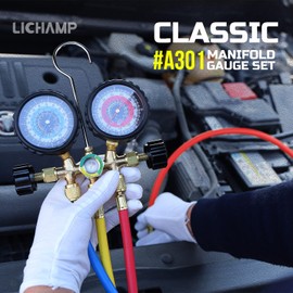 Lichamp AC Gauges R134a R22 R12 R502 A/C Diagnostic Manifold Gauge Set with 5FT Hose, Couplers Puncture and Self Sealing Can Tap, Classic #A301
