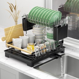 Vathingood 2 Tier Dish Drying Rack, Drying Rack with Automatic Drainboard, Dish Racks for Kitchen Counter, Rustproof Dish Drainer with Removable Utensil Holder, Cups Holder,Black