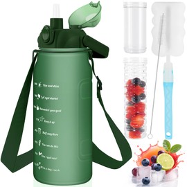 KETIEE Water Bottle 2 Litre 2 Litre Water Bottle 2 Litres with Straw & Adjustable Shoulder Strap & Fruit Container, BPA-Free Leak-Proof Sports Bottle with Time Marking, Transparent Green