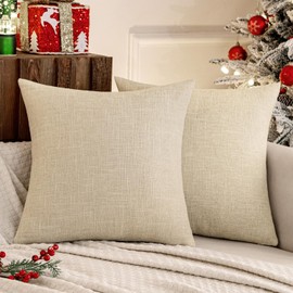 MIULEE Pack of 2 Beige Faux Linen Throw Pillow Covers Square Rustic Farmhouse Decorative Christmas Burlap Pillowcases Cushion Covers for Couch Bed Sofa Living Room 18x18 Inch