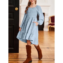 blibean Girl Long Sleeve Dress Teen Winter Flower Dresses Tween School Polka Dot Smocked Clothes Big Kids Wedding Party Church Graduation Pockets Vestidos Niñas Size 14 15 16 Years Baby Blue
