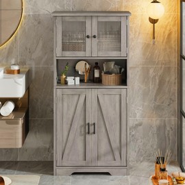 IDEALHOUSE Tall Bathroom Cabinet with 4 Doors and Adjustable Shelves, 50" Freestanding Bathroom Storage Cabinet Farmhouse Cupboard for Kitchen, Pantry, Living Room, Gray