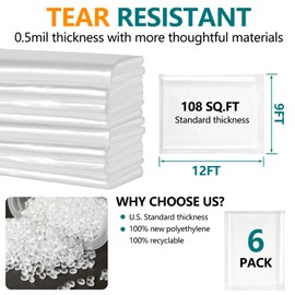 12x9ft Plastic Drop Cloths - Disposable Painter's Sheeting for Floor/Furniture/Car Protection,Paint Drop Cloth (6-Pack)
