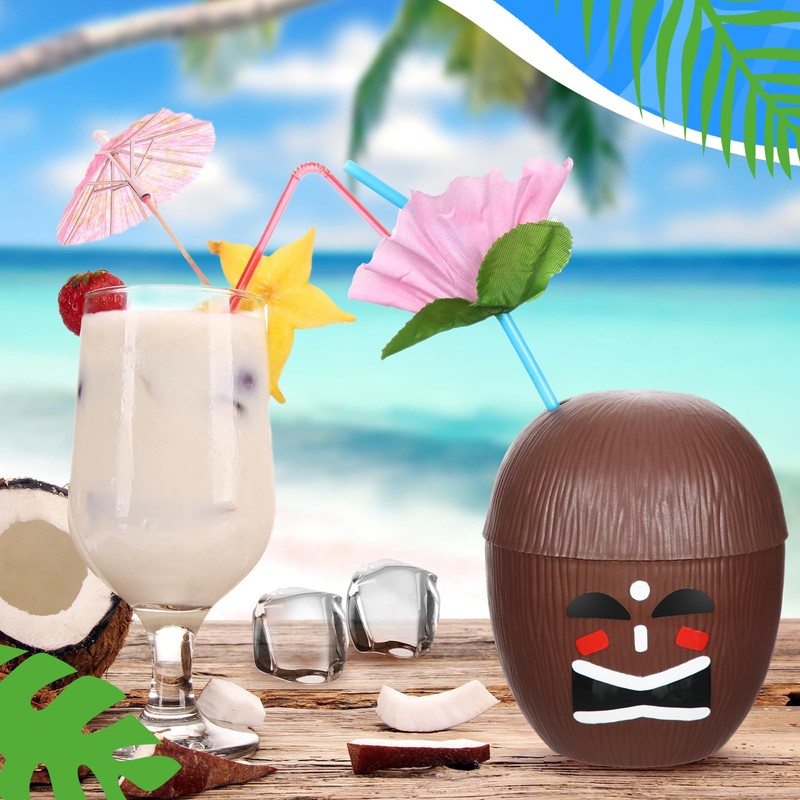 Yungyan 24 Sets Tiki Totem Coconut Cups with Flower Straws