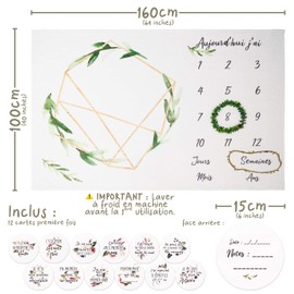 Baby Monthly Step Blanket with 12 First Times Cards in French, Growth in Photo from 0 to 12 Years on Rug with Pedestal per Day/Month/Week/Year, Original Birth Gift