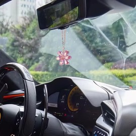 Pink Crystal Flower Car Charm for Women - Feng Shui Rearview Mirror Hanging Ornament - Crystal Bead Auto Interior Decor