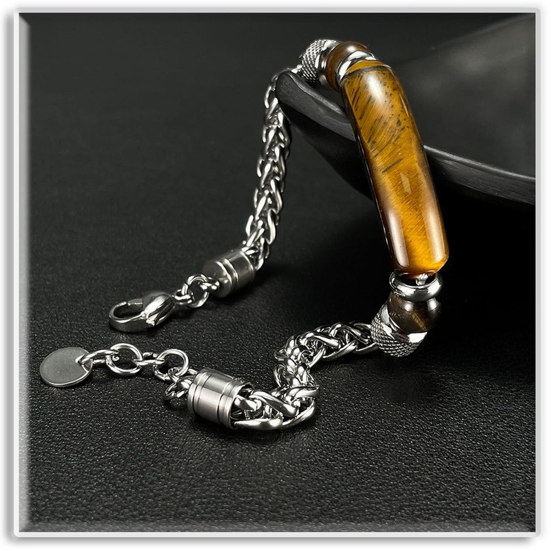 Xusamss Tiger Eye Stone Bar Link Bracelet for Men(Brown)