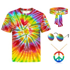Hippie Costume for Men Women 4PCS Mens 60s 70s Outfit Set Colorful Hippie Shirt Sunglasses Headband Peace Necklace (Tie Dye, 4X-Large)