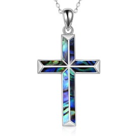 ONEFINITY Religious Cross Pendant Necklace 925 Sterling Silver Abalone Shell Cross Pendant Gifts for Women