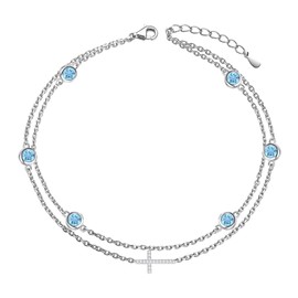 Wasee March Birthstone Bracelet Anklet for Women 925 Sterling Silver Aquamarine Birthstone Adjustable Cross Bracelet Birthday Anniversary Christmas Bracelet/Anklets Jewelry for Women
