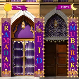 2 in-1 Ramadan Eid Mubarak Decorations Banner Colorful Ramadan Mubarak Door Banner with LED Lights Ramadan Eid Mubarak Porch Sign Hanging Banner for Home Front Door Islamic Muslim Party Supplies