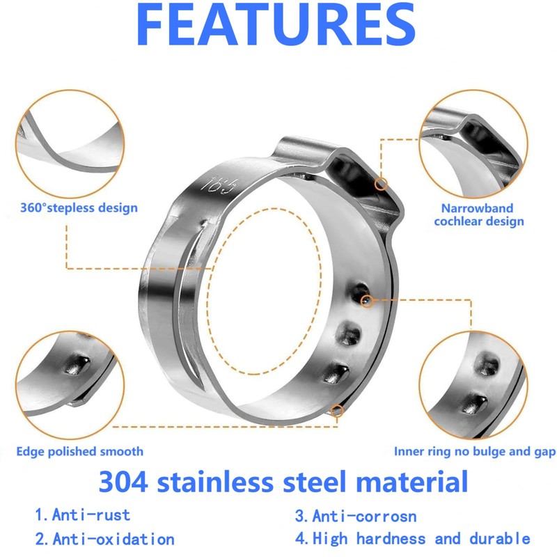 260 PCS 12 Sizes Single Ear Hose Clamps, 5.3-33.1mm 304