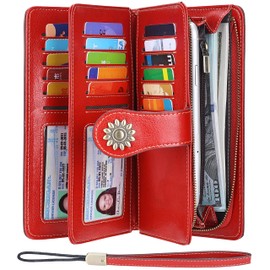 Lavemi Womens Large Capacity Genuine Leather RFID Blocking Wallets Wristlet Clutch Card Holder(1- Red)