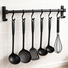 QYDKWK Kitchen Hanging Rack Utensil Rod, Metal Kitchen Holder Hanger, Wall Mounted Storage Rail Rack with 6 Movable Hooks for Hanging Cooking Utensils, Mugs, Spoons (15.7 inch, Black)